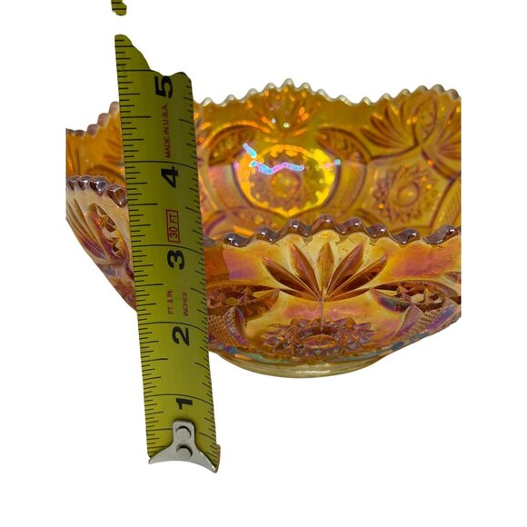Vintage Marigold Carnival Glass Bowl 8x3 Starburst Crab Claw Pattern Iridescent - Picture 10 of 10